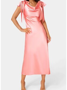 Bebe Shoulder Tie Satin Midi Dress